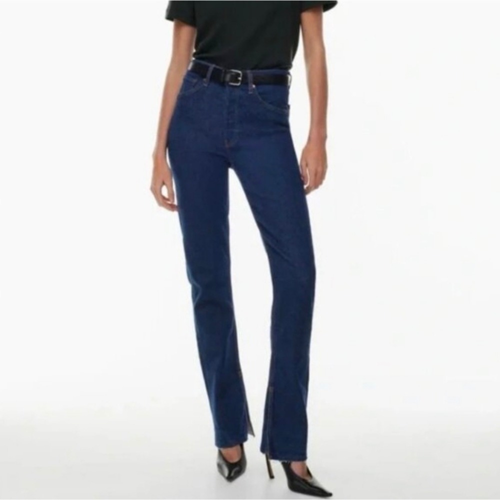 RE/DONE 70s High Rise Skinny Boot Straight Side Slit Dark Blue Rigid Like 28